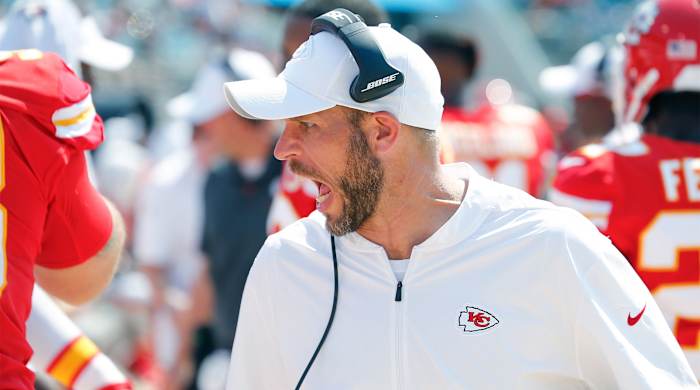 Sept. 8, 2019; Jacksonville, FL, USA; Kansas City Chiefs linebackers coach Britt Reid talks to his players during the second half against the Jacksonville Jaguars at TIAA Bank Field.